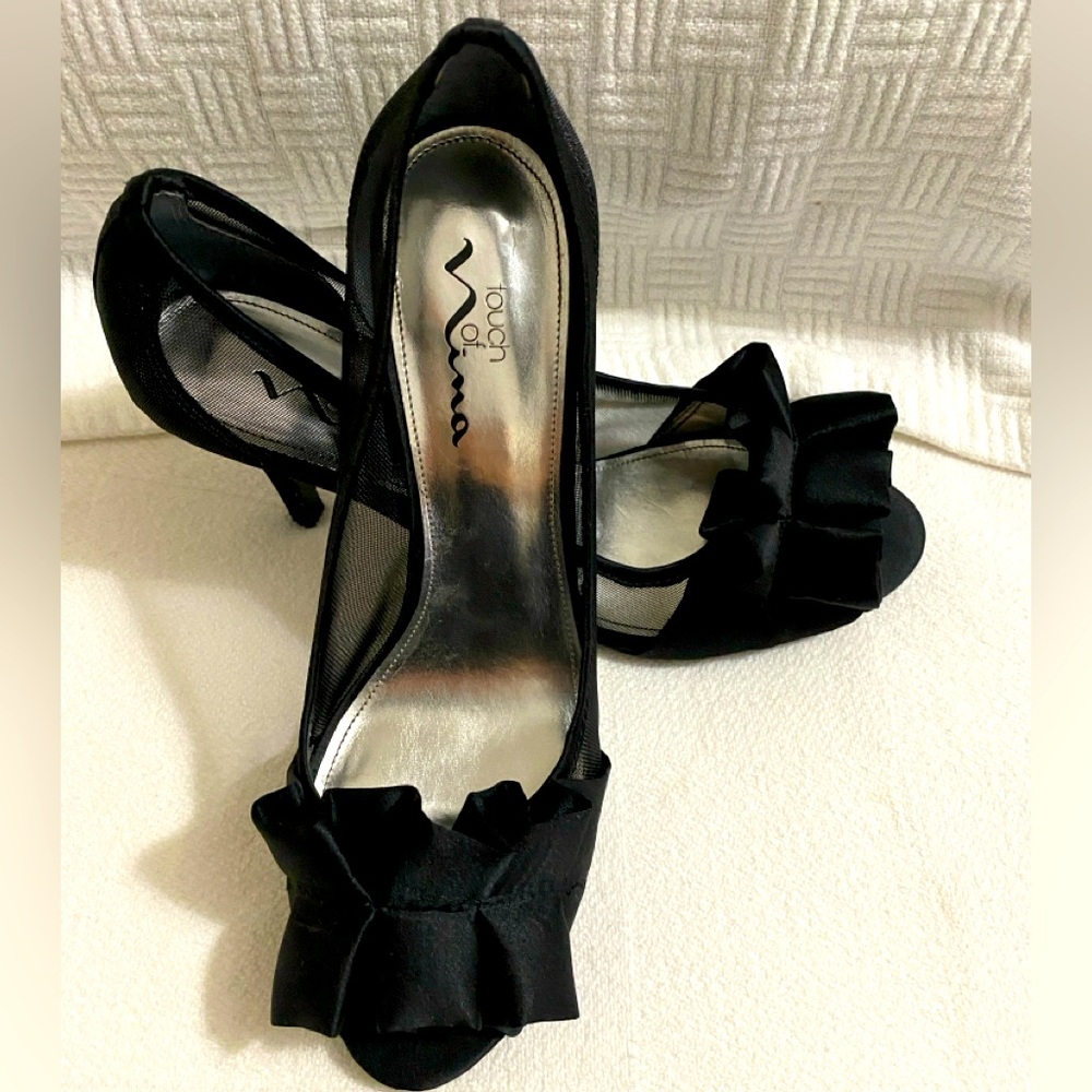 Nina Black Satin Heels with Bow Detail